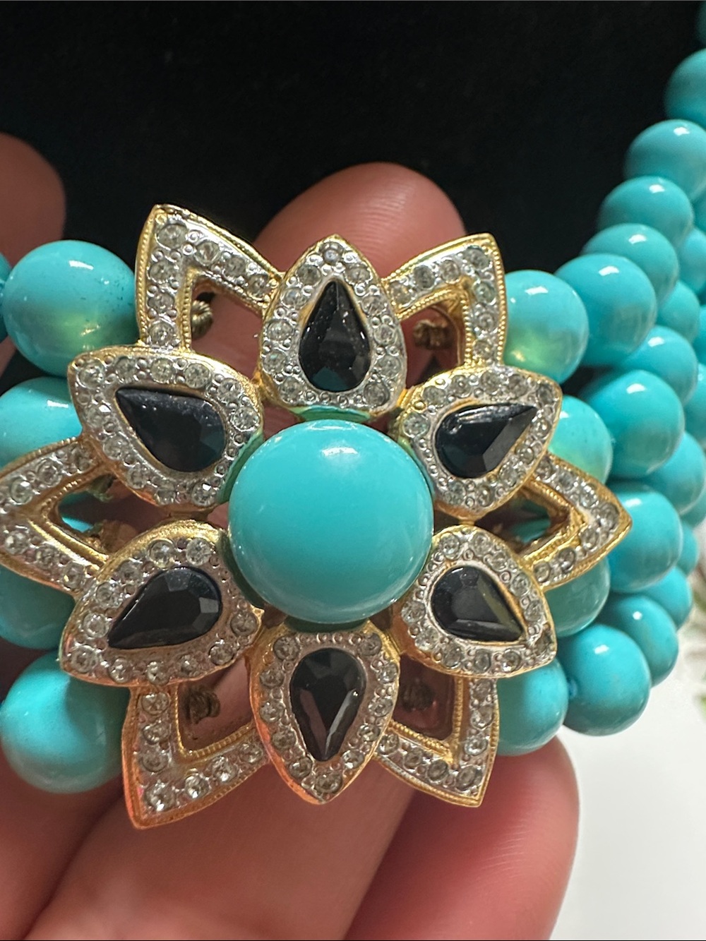 Turquoise Multi-Strand Beaded Necklace with Floral Crystal Accent - Picture 3 of 9